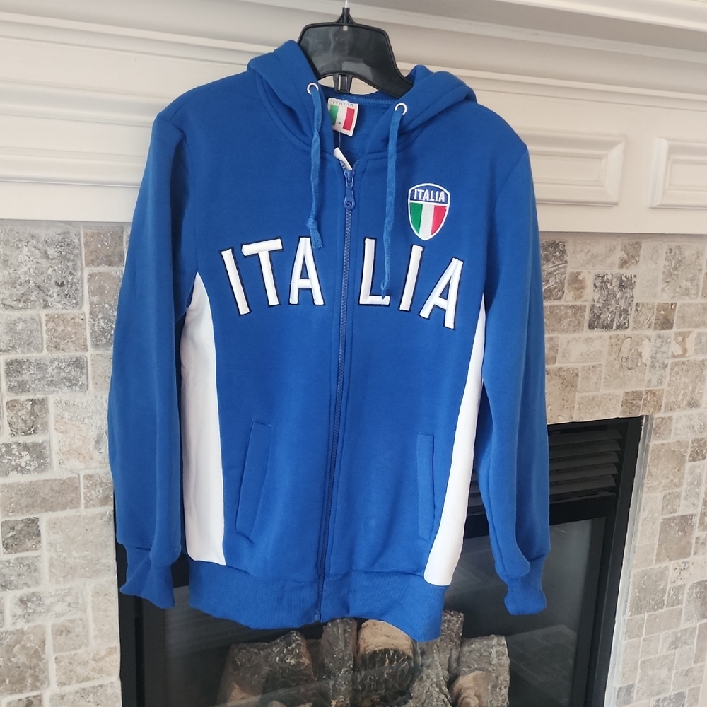 Italia Blue Zip-Front Hoodie Sweater with Crest